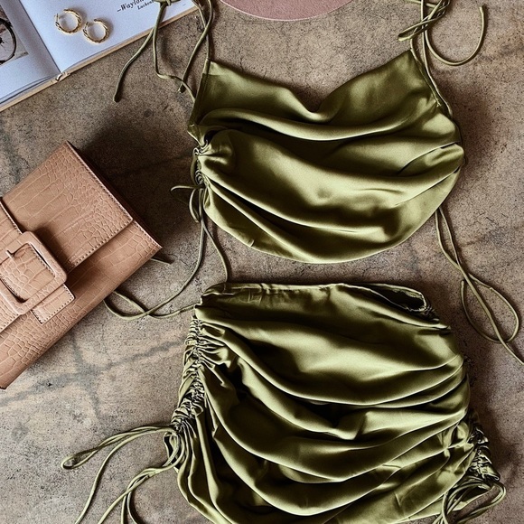 ✨ Olive Green Satin Ruched Drape Neck Side Drawstring Two Piece Cami Top & Skirt - Picture 1 of 4